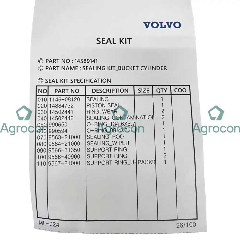 Packningssats skopcylinder | 14512961 14589141 14660989 Hydraulcylinder